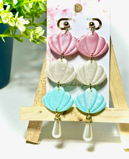 Triple Sea Shell Dangle Earrings-Multi Colored