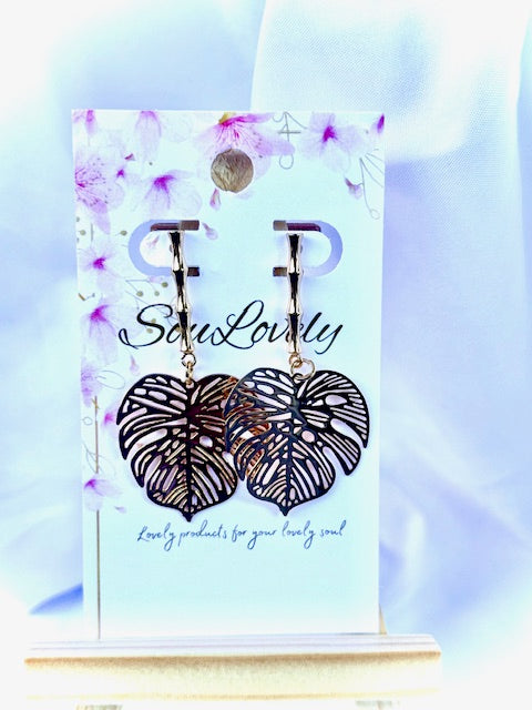 Gold Monstera Bamboo Dangle Earrings