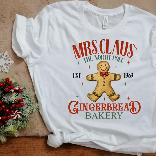 Mrs. Claus Gingerbread Bakery Shirt, Christmas Shirt, Gingerbread Christmas Shirt, Holiday Tee Shirt (Copy)