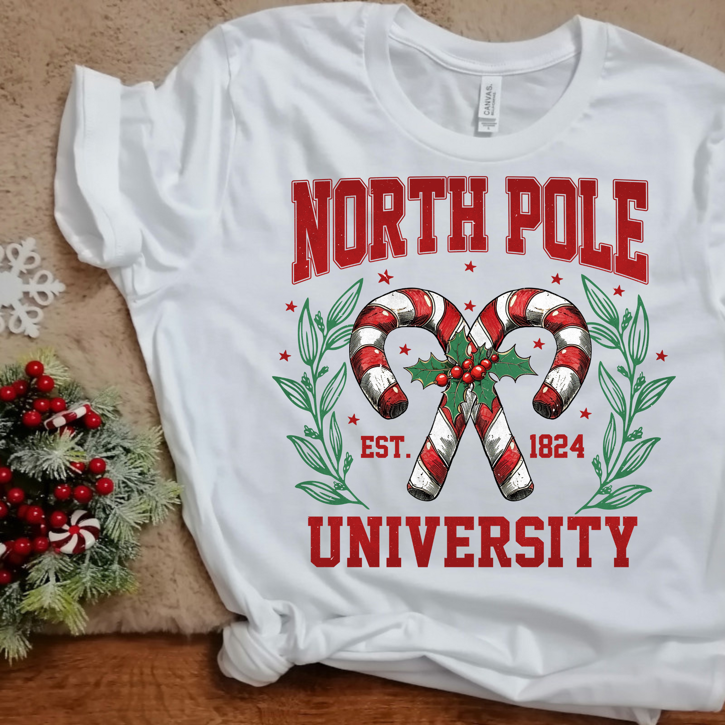 North Pole University Shirt, Christmas Shirt, Candy Cane Christmas Shirt, Holiday Tee Shirt