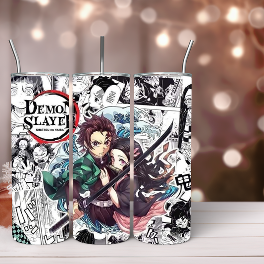 Demon Anime (with manga background) 20oz Tumbler, Anime Tumbler, Anime Fan Tumbler, Tumbler with Straw